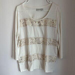 Chico’s Women’s lace Cream Sequin Blouse 3/4 sleeve t-shirt size 3 XL 16 GUC
